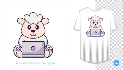 Cute sheep character. Prints on T-shirts, sweatshirts, cases for mobile phones, souvenirs. Isolated vector illustration on white background.