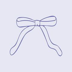 Satin ribbon bow line art. Decoration of festive gift wrapping, hairstyles, clothes. Hand drawn vector illustration. Isolated simple element on purple background.