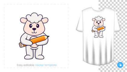 Cute sheep character. Prints on T-shirts, sweatshirts, cases for mobile phones, souvenirs. Isolated vector illustration on white background.