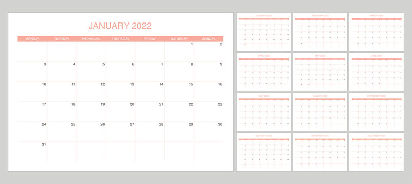 simple set calendar 2022 with pink color