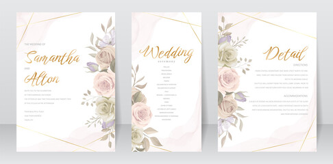 Fototapeta na wymiar Wedding invitation template set with floral and leaves decoration