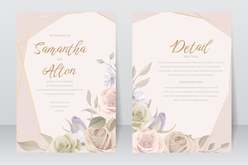 Wedding invitation template set with floral and leaves decoration