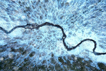 river in winter view from drone, outdoor frost forest landscape