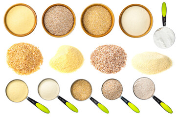set of various crushed wheat grains cutout