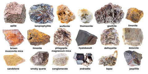 set of various brown raw minerals with names