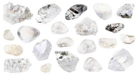 set of various rock crystals cutout on white