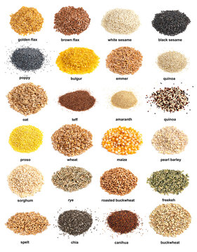 set of piles of variuos wholegrain grains cutout