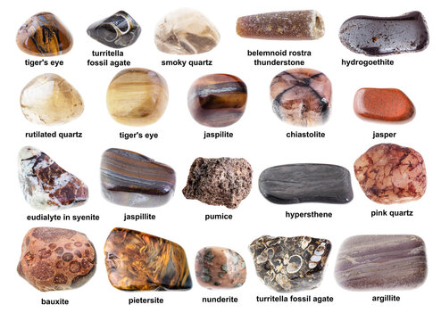 set of various polished brown rocks with names