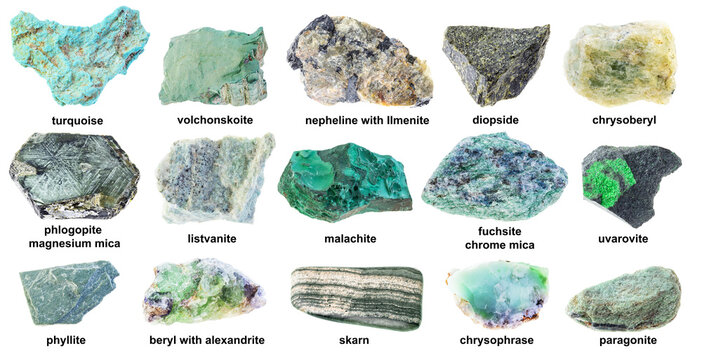 set of various natural green minerals with names