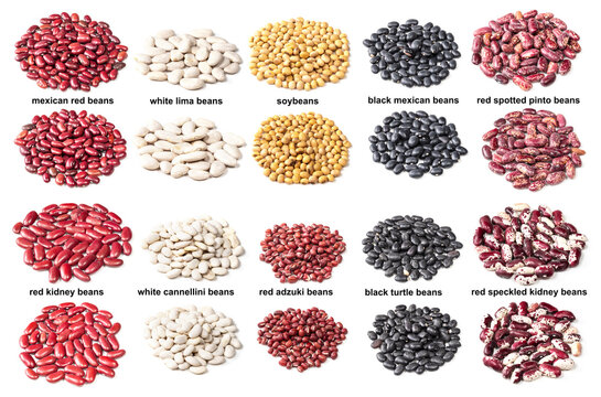 set of piles of variuos beans cutout on white