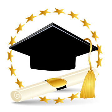 Graduation hat and paper degree certificate. Vector icon.