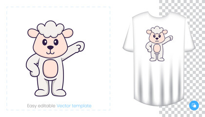 Cute sheep character. Prints on T-shirts, sweatshirts, cases for mobile phones, souvenirs. Isolated vector illustration on white background.