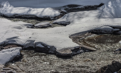 Fast river, rocks, ice, snow, dry grass in spring