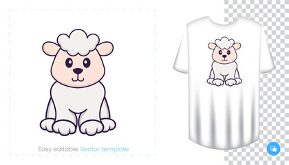 Cute sheep character. Prints on T-shirts, sweatshirts, cases for mobile phones, souvenirs. Isolated vector illustration on white background.