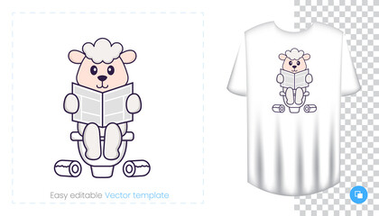 Cute sheep character. Prints on T-shirts, sweatshirts, cases for mobile phones, souvenirs. Isolated vector illustration on white background.