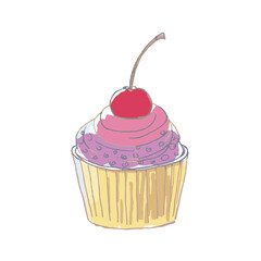 vector doodle cupcake icon with cherry, contour drawing isolated