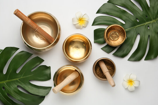 Flat lay composition with golden singing bowls on white background