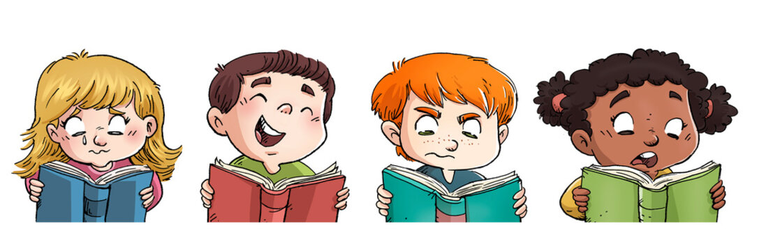 Illustration of different faces of children reading a book