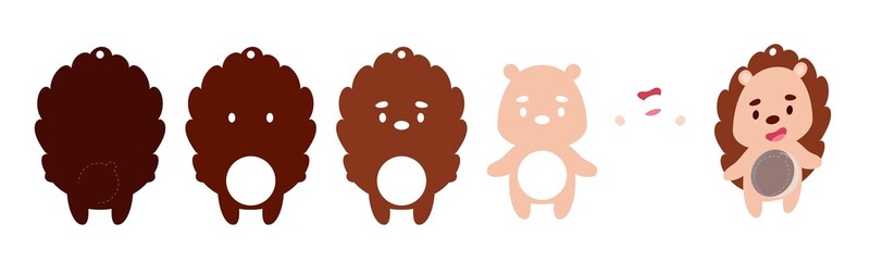 Cute hedgehog candy ornament. Layered paper decoration treat holder for dome. Hanger for sweets, candy for birthday, baby shower, halloween, christmas. Print, cut out, glue. Vector stock illustration