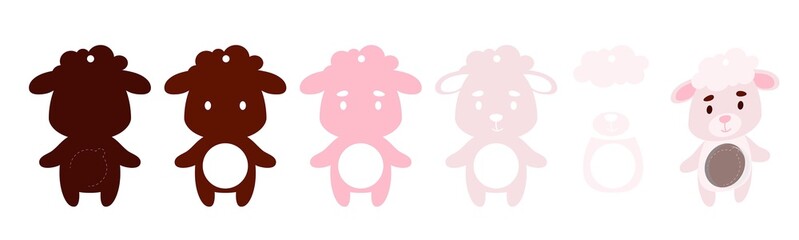 Cute sheep candy ornament. Layered paper decoration treat holder for dome. Hanger for sweets, candy for birthday, baby shower, halloween, christmas. Print, cut out, glue. Vector stock illustration