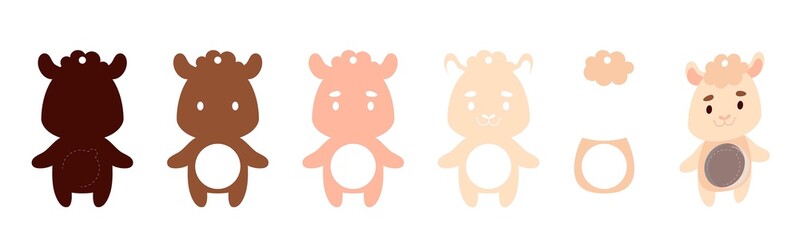 Cute alpaca candy ornament. Layered paper decoration treat holder for dome. Hanger for sweets, candy for birthday, baby shower, halloween, christmas. Print, cut out, glue. Vector stock illustration