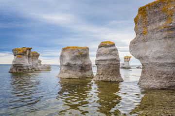 Naklejka premium View on the famous monoliths of Quarry Island, in Mingan Archipelago National Park, in Cote Nord region of Quebec, Canada