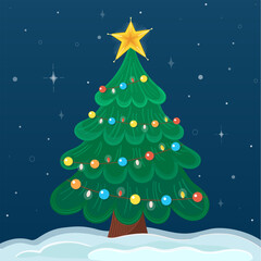 Vector illustration cristmas green tree with toys and star on white snow.
