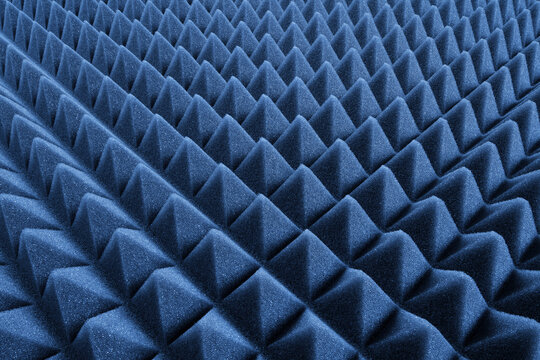 Studio Sound Proof Foam Pattern Texture. Blue Triangular Acoustic Foam Rubber. Shallow Depth Of Field  On A Foreground