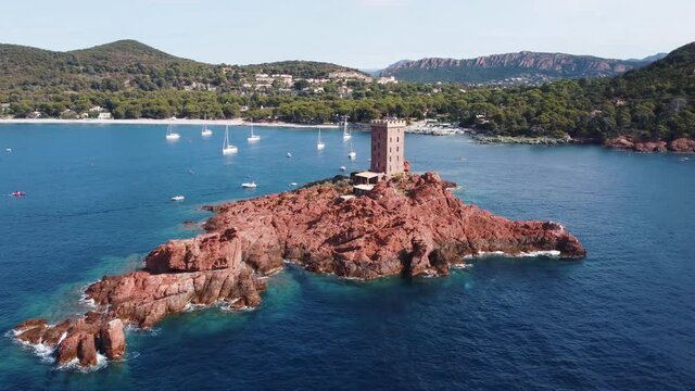 French Riviera, Cote d'Azur, aerial view of Ile d'Or at sunset in southern France