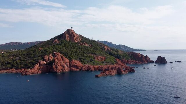 French Riviera, Cote d'Azur, aerial view of Ile d'Or at sunset in southern France