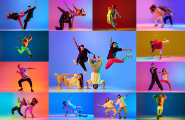 Collage of young people dancing hip hop isolated over multicolored background in neon lights