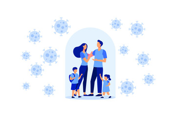 Self-isolation from a pandemic. Family quarantined and isolated under a glass dome under protection vector flat modern design illustration