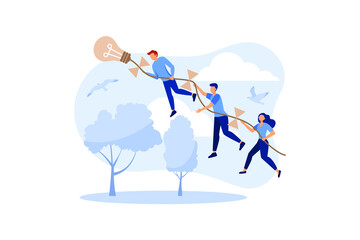 achievement concept, company of people holding a thread from a paper airplane light bulb, moving towards goals and ideas vector flat modern design illustration