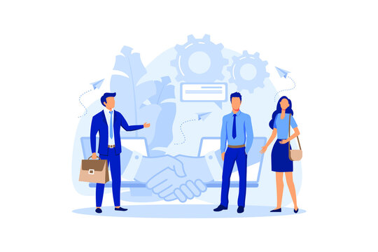 online conclusion of the transaction. the opening of a new startup. business handshake, via phone and laptop flat modern design illustration