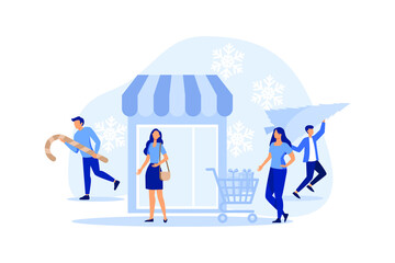 pedestrians hurry with gifts on their own business, holiday mood before the New Year and Christmas vector flat modern design illustration