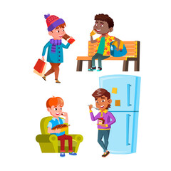 school teen boy eating sweets set. cartoon sweet. sugar food. candy lollipop. hungry toddler. delicious person smile. vector flat cartoon illustration