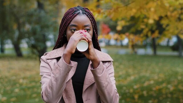 Dreamy African American young woman drinking coffee or tea in disposable cup, brooding millennial student girl enjoying fragrant hot drink on cloudy autumn day. Female employee having break outdoor