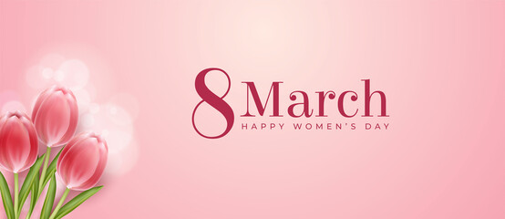 Realistic banner womens day 8 march symbol with realistic tulips on pink background