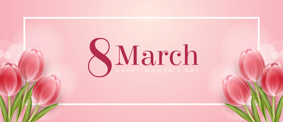 Realistic women's day banner holiday background with realistic tulips
