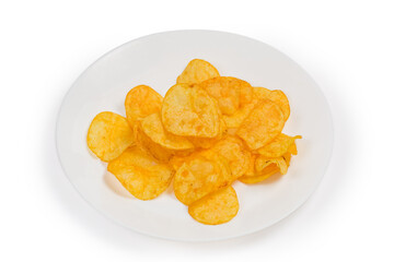 Potato chips on a white dish on a white background