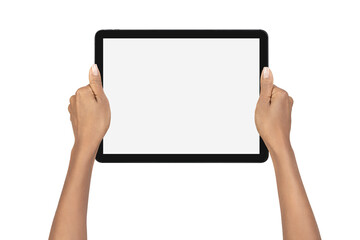 Woman hands holding an iPad on an isolated background