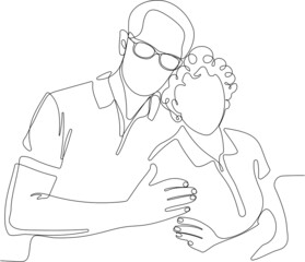 Continuous one line drawing of senior couple. Elderly people hug together. Old people in love. Man and woman on the path of life. Caring for each other. Vector illustration, freehand drawing