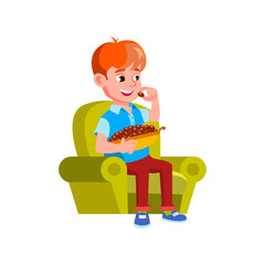 fat boy eating sweets, sugar food. vector flat cartoon illustration