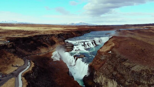 Aerial View of Gullfoss Waterfall. High quality video footage