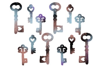 Coloured set with keys for packaging and cards and posters and postcard and stickers