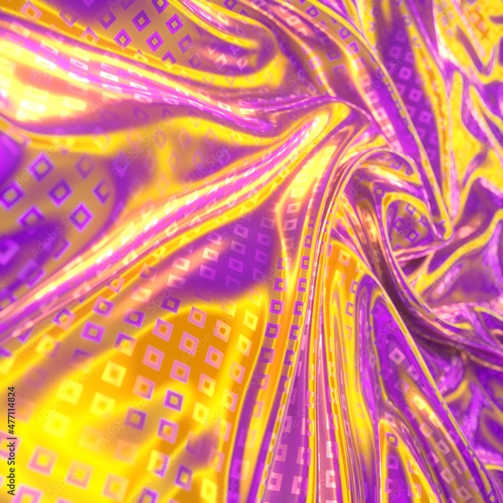 Poster iridescent wavy fabric with a pattern of shiny squares. vivid abstract background. 3d rendering digi