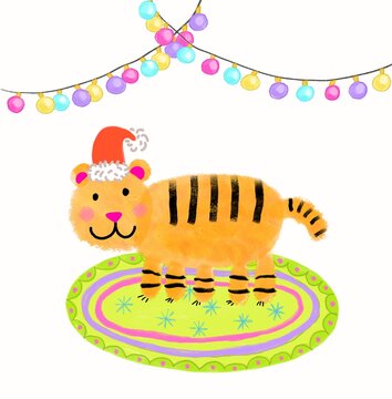 Cute cartoon tiger in a Christmas Santas red hat. Green carpet and multicolour lights. Wild animal. Orange with black stripes. Chinese New Year symbol 2022. Illustration in childish style.
