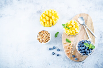 Mango  and blueberry Greek yogurt granola parfait in a glass