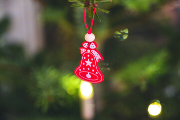 The Christmas decorations hang on the Christmas tree