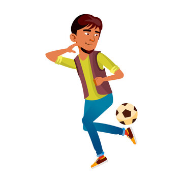 teen boy kick playing football, active kicker. vector flat cartoon illustration